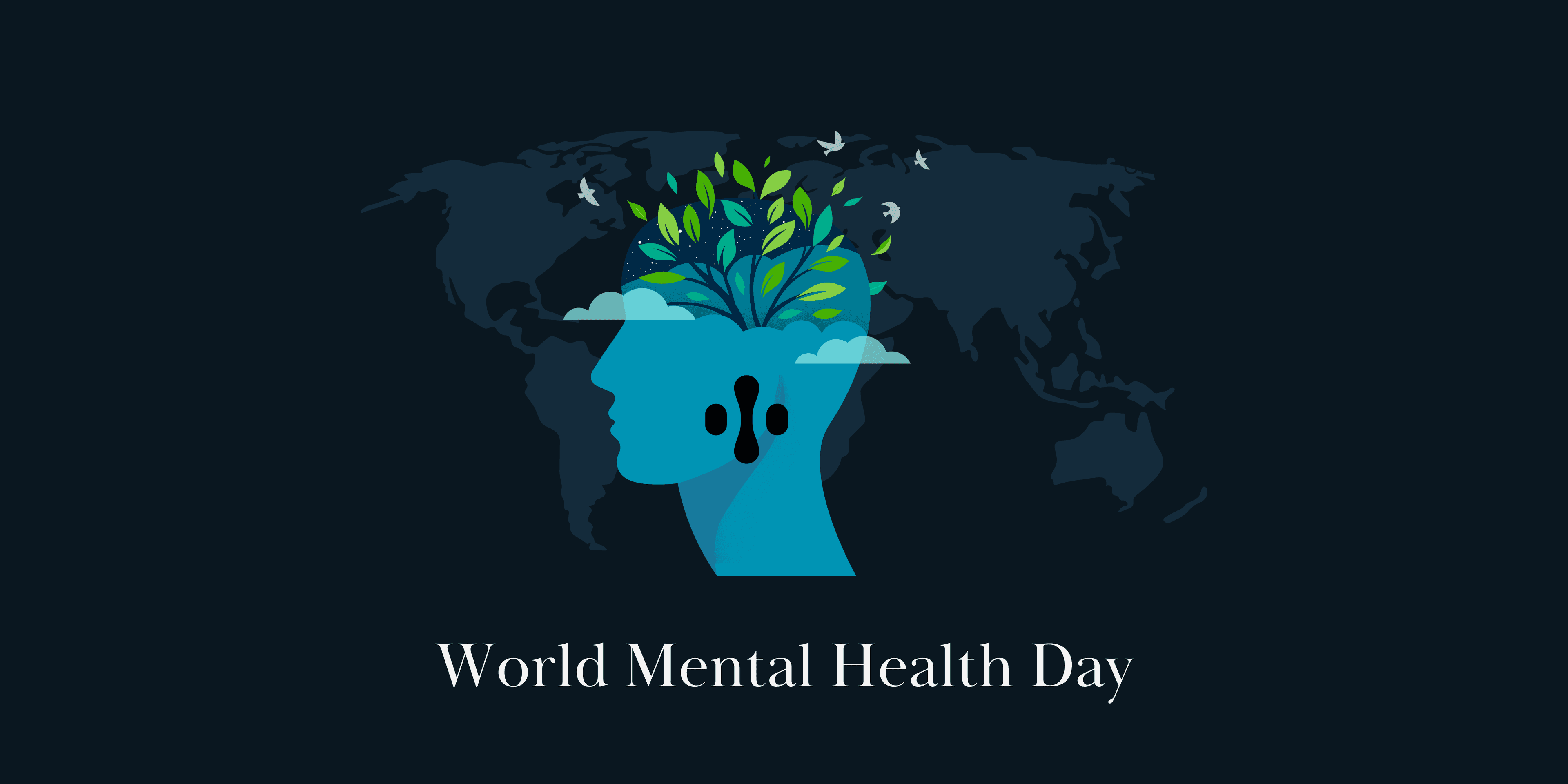 Banner image with world map and a human head graphic on it, with plants growing out the top, and the MyMynd logo. There is text saying 'World Mental Health Day"