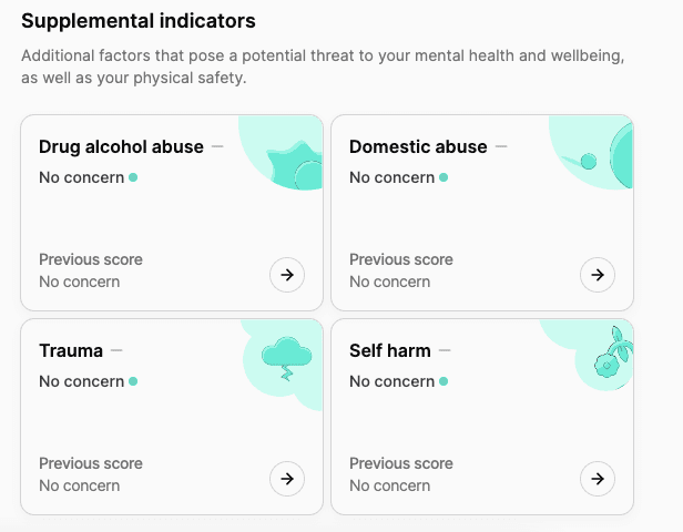 A screengrab from the MyMynd platform of the supplemental indicators 