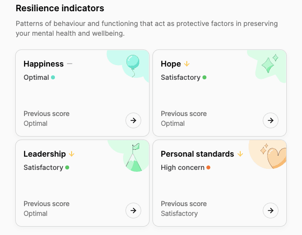 A screengrab from the MyMynd platform of the resilience indicators 