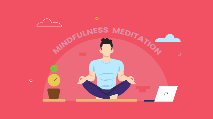 Illustration of a man wearing blue doing yoga with words Mindfulness Meditation above his head.