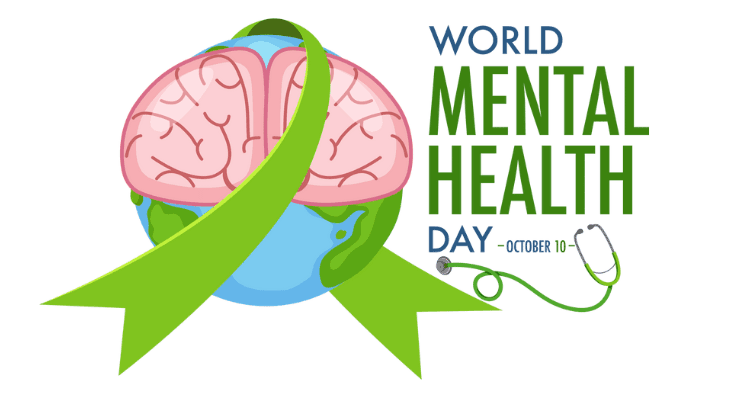Image of brain and the earth, with a green ribbon around it and the text depicting World Mental Health Day October 10
