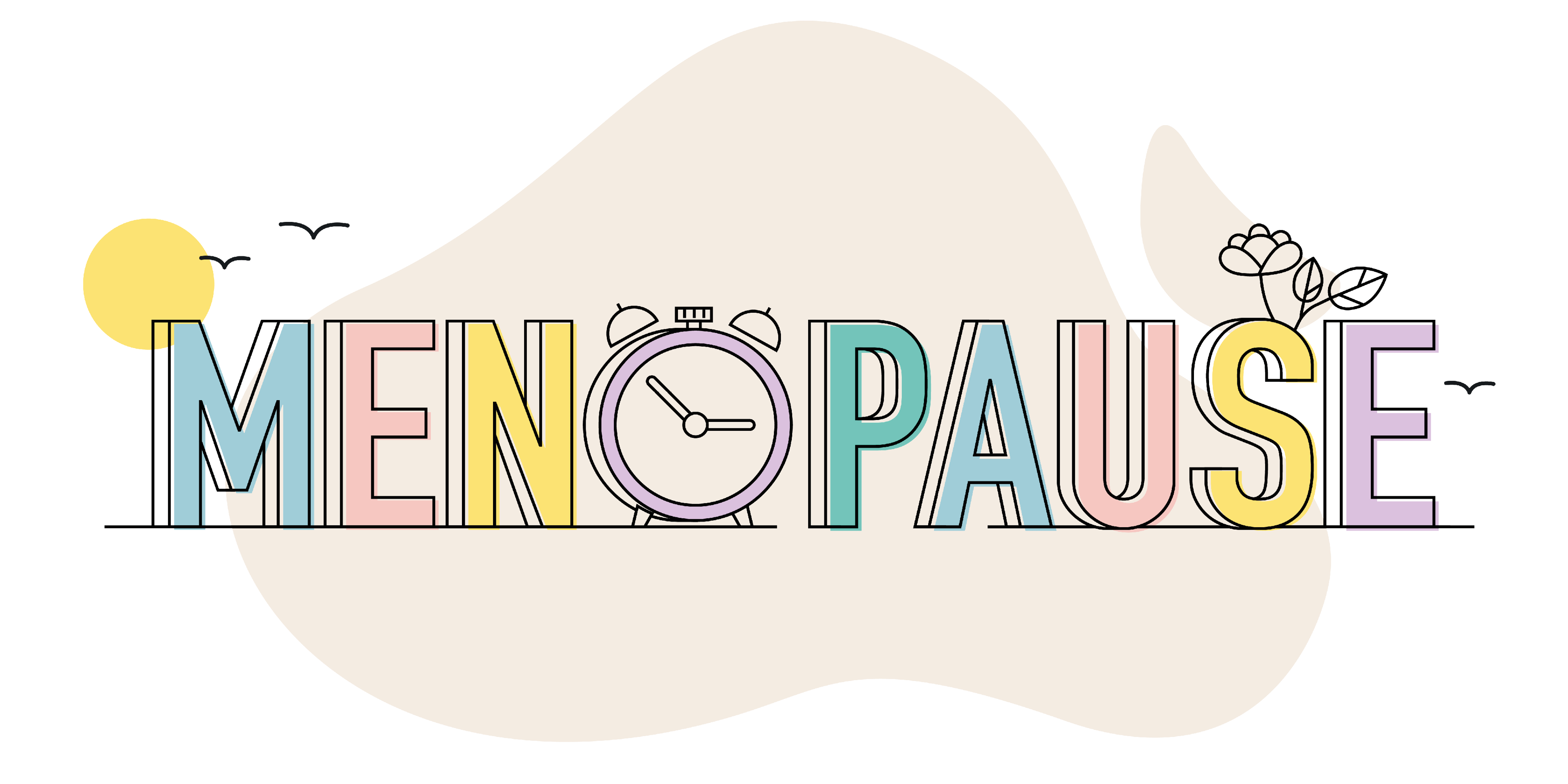 A graphic of the word menopause, with a clock as the O and images of birds and plants surrounding it.