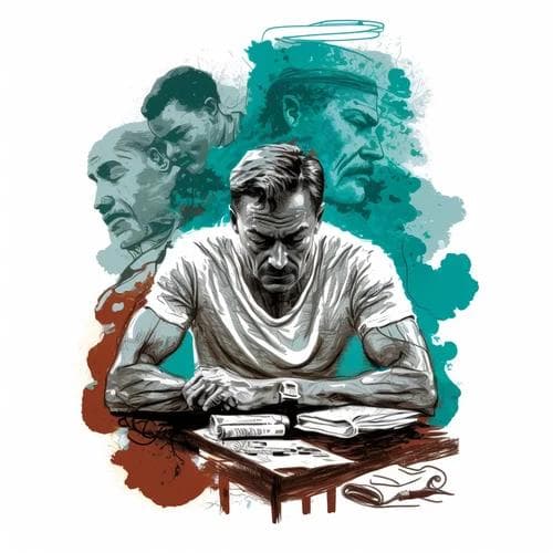 Illustration of a person sat at a table, visibly burdened; behind him, three other hardship-struck faces are rendered