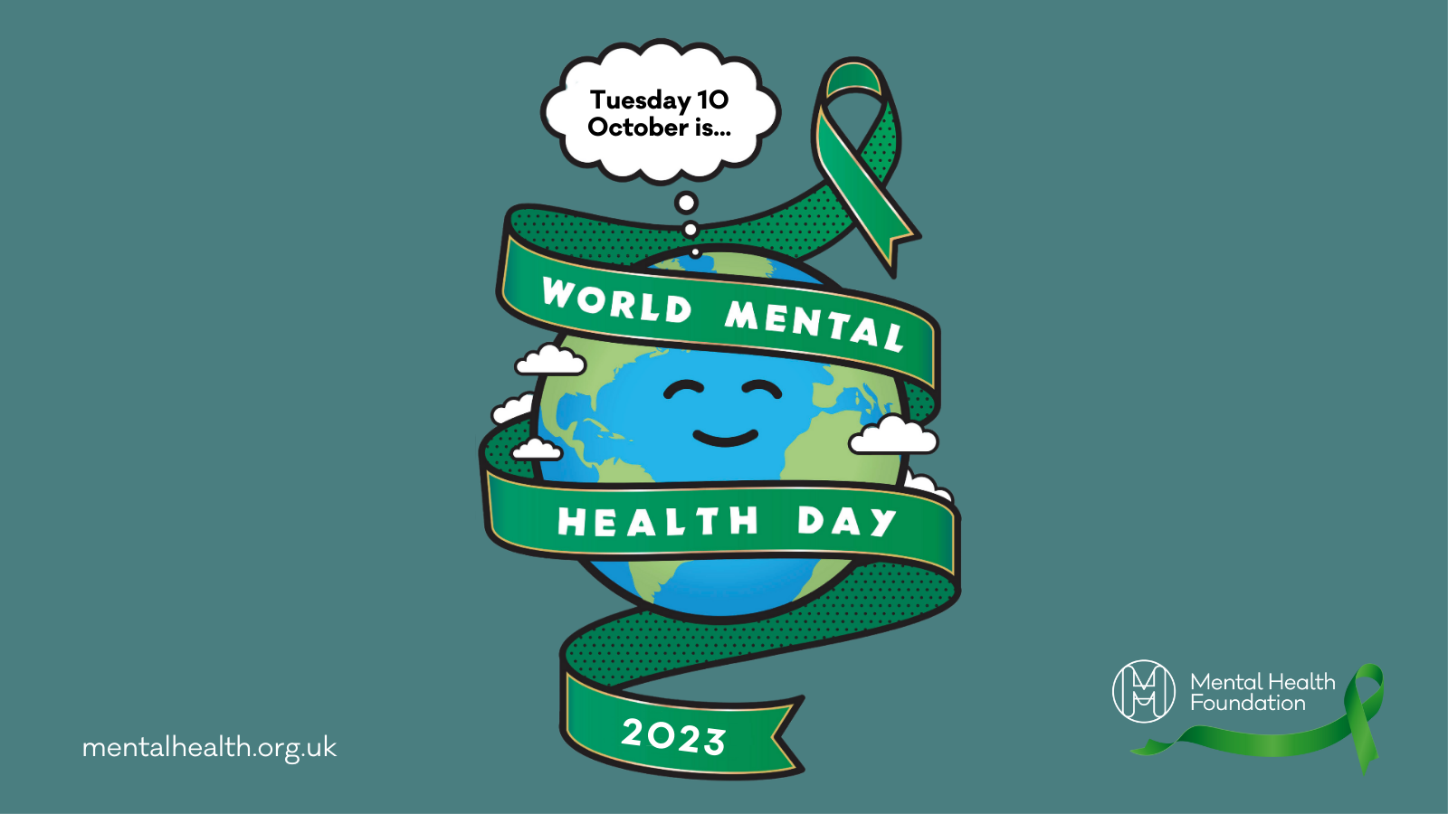 Planet Earth wrapped in a green ribbon that reads "World Mental Health Day 2023"